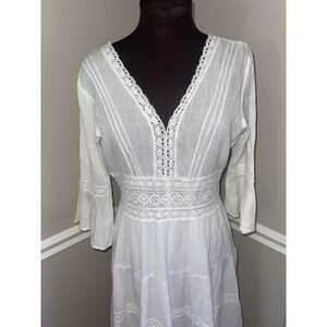 Neiman Marcus Boho Prairie Cotton Gauze Lace Tiered Dress White Sz M Whimsical